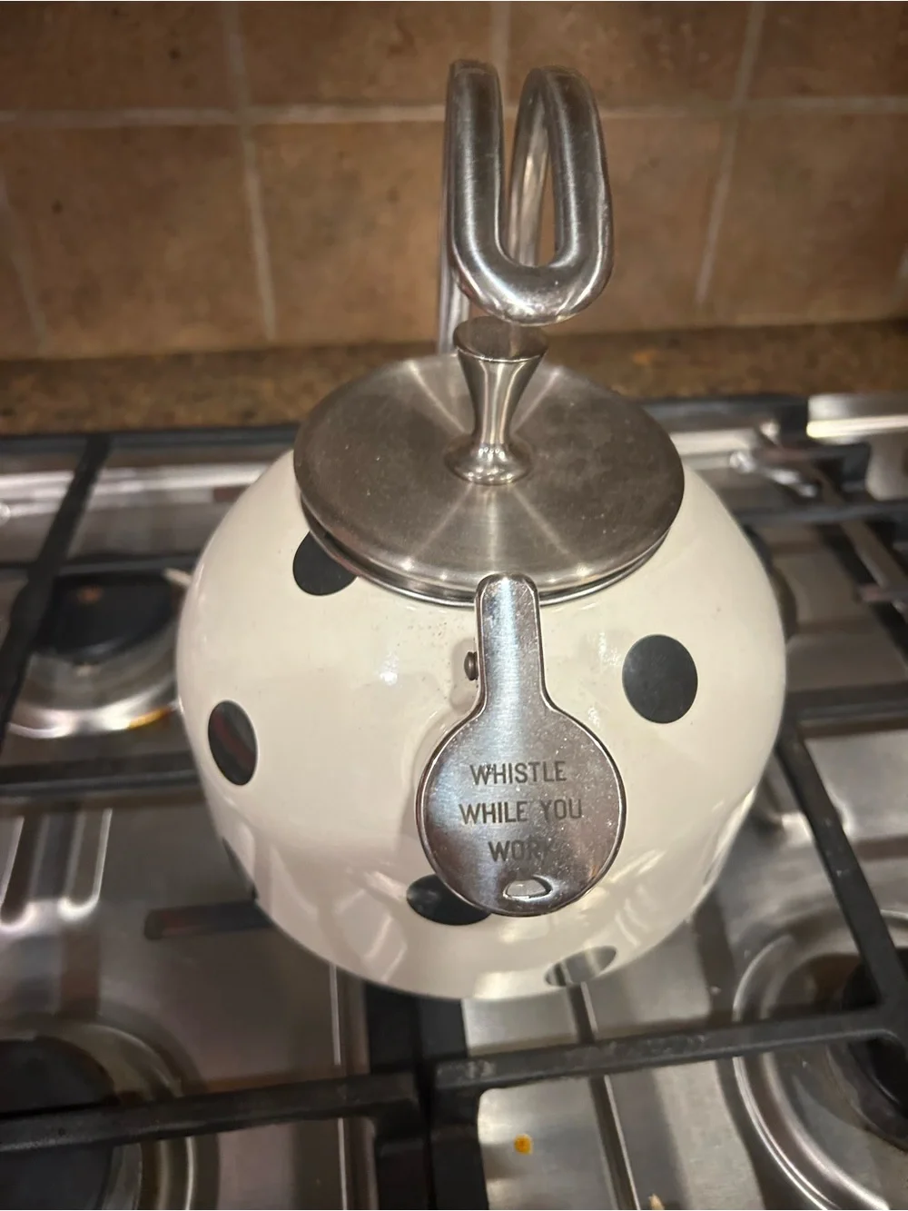 kate spade White Polka Dot Whistling Stovetop Kettle with Stainless Accents